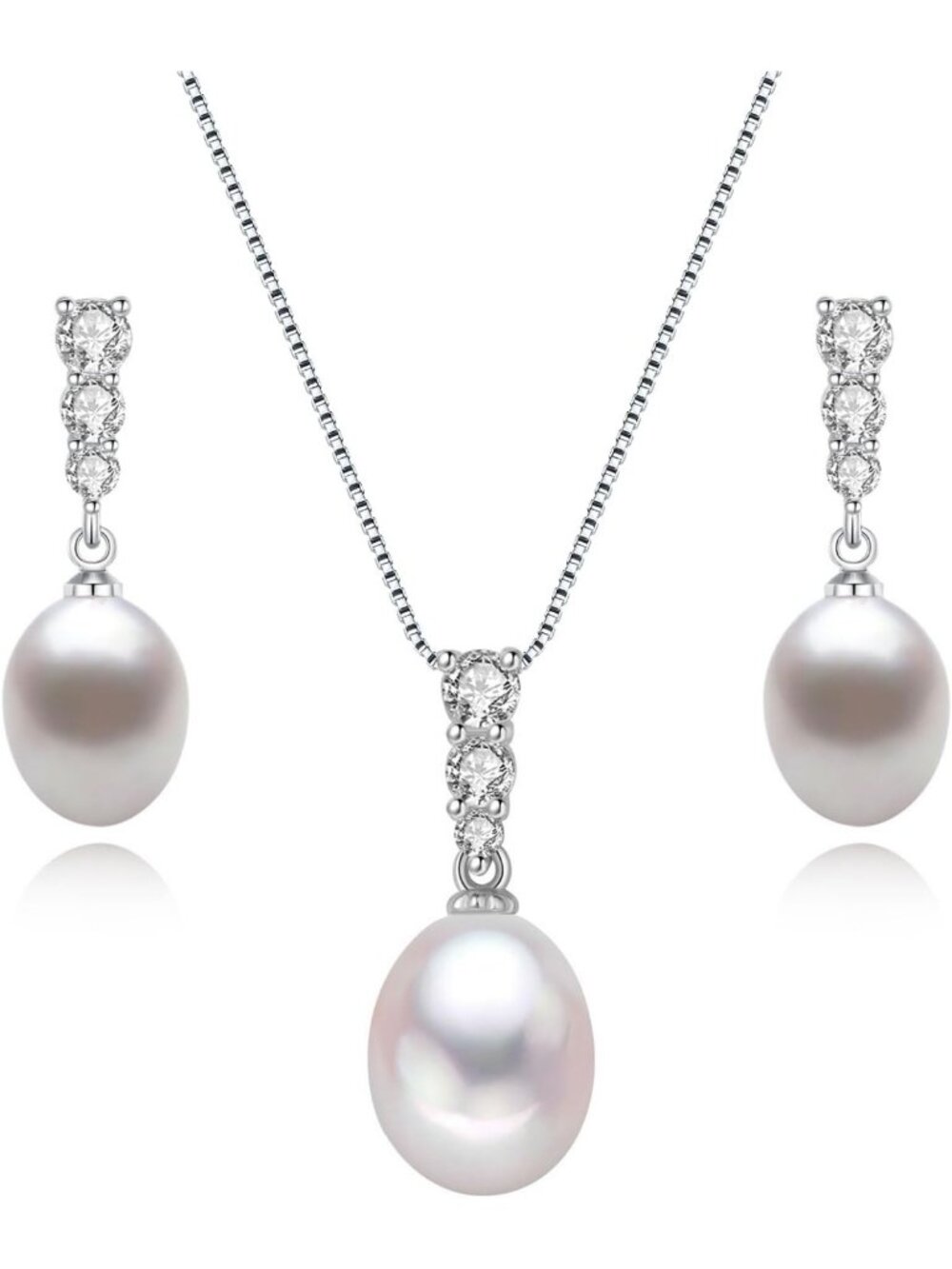 Elegant 9-10mm Cultured Pearl Necklace & Earrings Set in 925 Sterling Silver